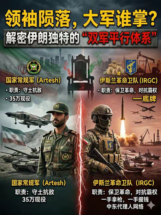 伊朗双军体系：正规军和革命卫队，领袖陨落，大军谁掌？ 伊朗独有的双军体系，到底是怎么来的？ ✅ 1979 年革命埋下的根源，为什么要建两支平行军队？ ✅ 正规军和革命卫队，职责、权力到底有什么核心区别？ ✅ 革命卫队凭什么能富可敌国，还能掌控伊朗的导弹命脉和霍尔木兹海峡？ ✅ 为什么说它是美以在中东最头疼的存在？