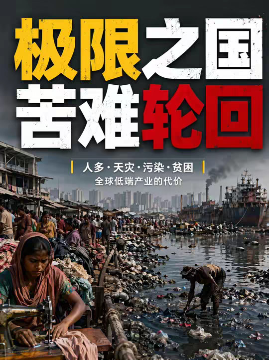 面积和安徽差不多，人口比德法加起来还多！孟加拉国到底有多绝望 2025 年 6 月，全球拆船公约正式生效！吉大港 20 万拿命换钱的工人，饭碗要没了？ 这个面积和安徽差不多大的国家，挤了 1.8 亿人，人口密度是中国的 9 倍。每年被洪水淹一半，首都达卡没有全城下水道，污水直接排进河里，老百姓还得用它做饭。 它是全世界的衣柜，2024 年靠卖衣服赚了 2800 亿，可女工每天干 12 小时，一个月才赚 900 块。全世界享受着便宜的衣服和废铁，却把所有的污染、危险和苦难，都扔给了孟加拉国。