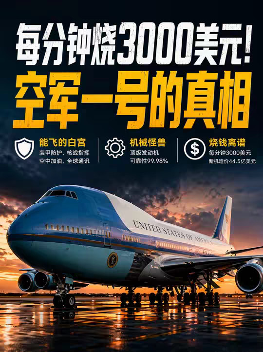 空军一号为什么这么烧钱？ 当你在新闻里看到特朗普走下空军一号的那一刻，你不会知道： 这架飞机每分钟要烧 3000 美元； 它有 87 部加密电话，就算核弹在上空爆炸，总统也能在天上指挥核反击； 永远有两架一模一样的飞机同时起飞，没人知道总统在哪一架里； 连喝的水、吃的饭，都是从美国本土空运过来的，每一滴油都要经过特工检测。 911 事件中，小布什在这架飞机上躲了 8 个小时，指挥整个国家度过危机。 如今，这款见证了无数历史的老飞机即将退役，新款 44.5 亿美元两架，却延期到 2028 年才能交付。 所有的天价成本，背后都是同一个逻辑：绝对不能让总统出事。 这大概就是权力最硬核的样子：无论你在哪里，都能掌控一切。