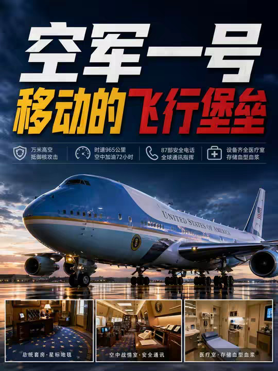 空军一号地毯上的星星，是总统的权力禁区？ 当你在新闻里看到特朗普走下空军一号，看到黄仁勋背着双肩包登上专机的时候，你不会知道： 这架飞机的地毯上，有一颗星星是总统的专属领域，任何人未经允许都不能踏入； 它有 87 部加密电话，就算核弹在上空爆炸，总统也能在天上指挥核反击； 911 事件中，它开得比挂满实弹的 F16 还快，小布什在上面躲了 8 个小时，指挥整个国家度过危机； 永远有两架一模一样的飞机同时起飞，没人知道总统在哪一架里。 它不是一架普通的客机，是一座能飞的白宫，是美国总统权力的延伸。 所有的天价成本，所有的精密设计，背后都是同一个逻辑：绝对不能让总统出事。 这大概就是权力最硬核的样子：无论你在哪里，都能掌控一切。