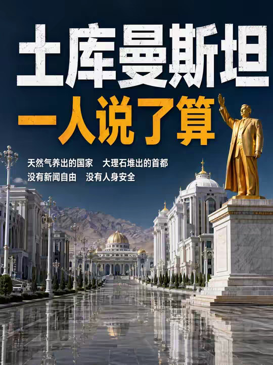 父子相传的中亚王朝：表面是共和国，实际上是他们家的私人财产 这是一个把自己变成了展示厅的国家。 当你走进阿什哈巴德，你会看到全世界最干净的街道，最宏伟的白色大理石建筑，最宽阔的马路。但你看不到几个行人，听不到几句说话声，整个城市安静得可怕。 这里的 12 个月份有自己的名字，这里的面包叫总统妈妈的名字，这里的每个人都要读总统写的书，考驾照要考，上大学要考，连犯人读了都能提前出狱。 这里有烧了半个世纪的 "地狱之门"，有全世界最多的天然气，有价值连城的汗血宝马。但这里的老百姓却要凭票买糖买油，医生老师都得去地里摘棉花，说一句真话就可能消失。 再多的白色大理石，也盖不住这些裂缝。再完美的展示厅，也总有露出真相的那一天。