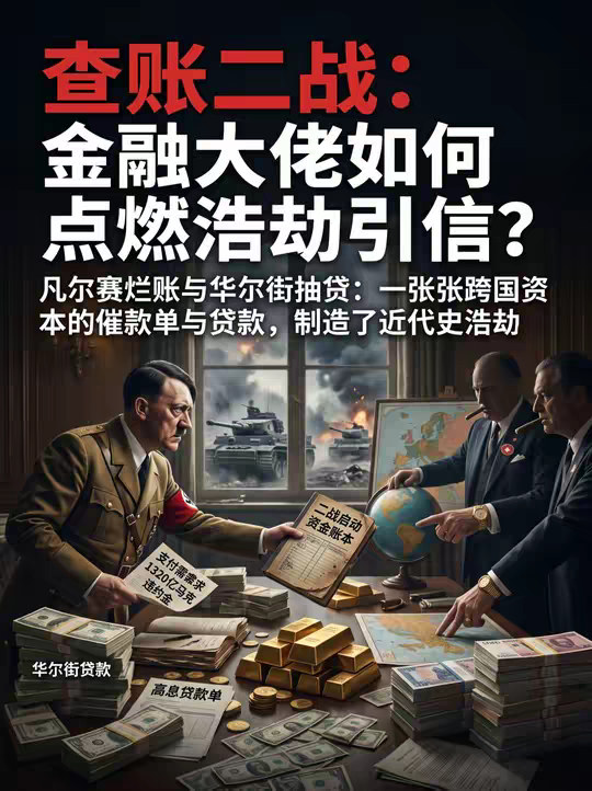 1939年的终极爆雷：查一查二战背后的华尔街账单 1918年，一个国库被打穿、背着1320亿天价违约金的破产大国，仅用十几年就建起了欧洲规模顶格的机械化战争机器。这笔天文数字的启动资金，到底是谁垫付的？ 抛开单薄的表面叙事，今天我们只查账本。从《凡尔赛条约》的金融死循环，到华尔街30亿美元的“过桥资金”，再到跨国工业巨头的底层技术转让。用最硬核的数据逻辑，带你扒开二战爆发背后冰冷的资本交易与金融爆雷真相。 资本没有国界，财团只看利润。历史不会重复，但惊人地相似。