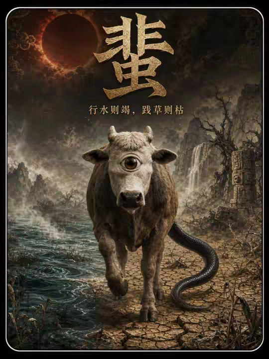 白头独眼拖条蛇尾，看似变异耕牛，却是山海经顶级的死亡灾兆