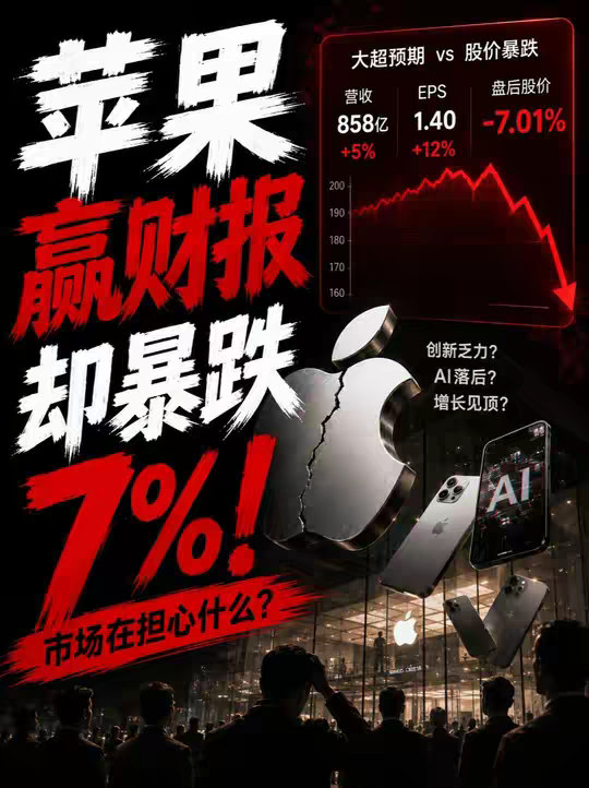 苹果赢财报却暴跌7%！ 苹果单季狂赚千亿，股价却暴跌7%，市值蒸发四千亿美元！关税退税藏玄机，存储芯片被AI抢走，Siri成半成品，新CEO回应空洞，消费者换机要多花钱了！