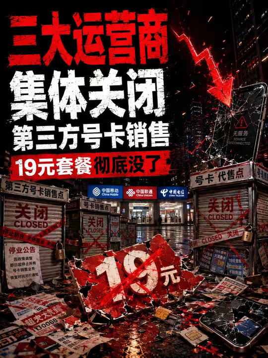 三大运营商集体关闭第三方号卡销售——19元套餐彻底没了 8月1日起，淘宝、拼多多等第三方平台的低价流量卡全线下架！三大运营商同步关停所有非官方售卡渠道，背后竟是利润暴跌下的自救。曾经19元200G的神卡成绝唱，以后办新卡要多花两三倍钱，你的流量自由还在吗？