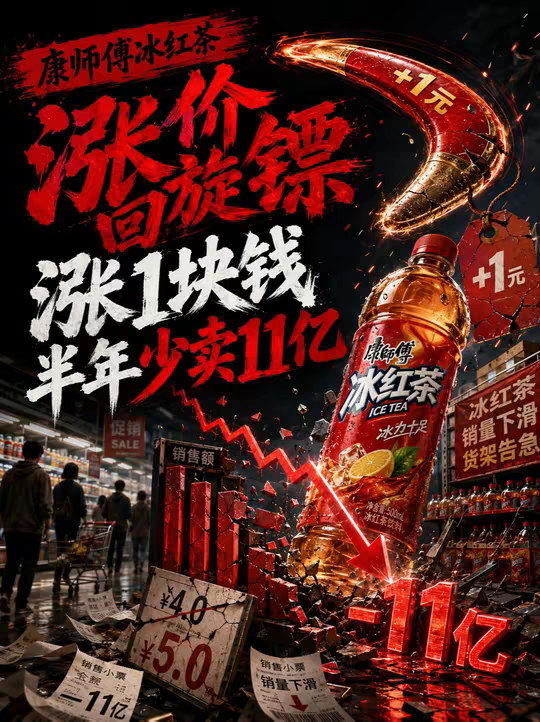 康师傅冰红茶涨价回旋镖——涨1块钱，半年少卖11亿 康师傅冰红茶涨价1元，年销少11亿！定价权幻觉让它从70%市占率跌落，被统一、无糖茶抢光份额，经销商跑路2万家，这1元代价太大了！